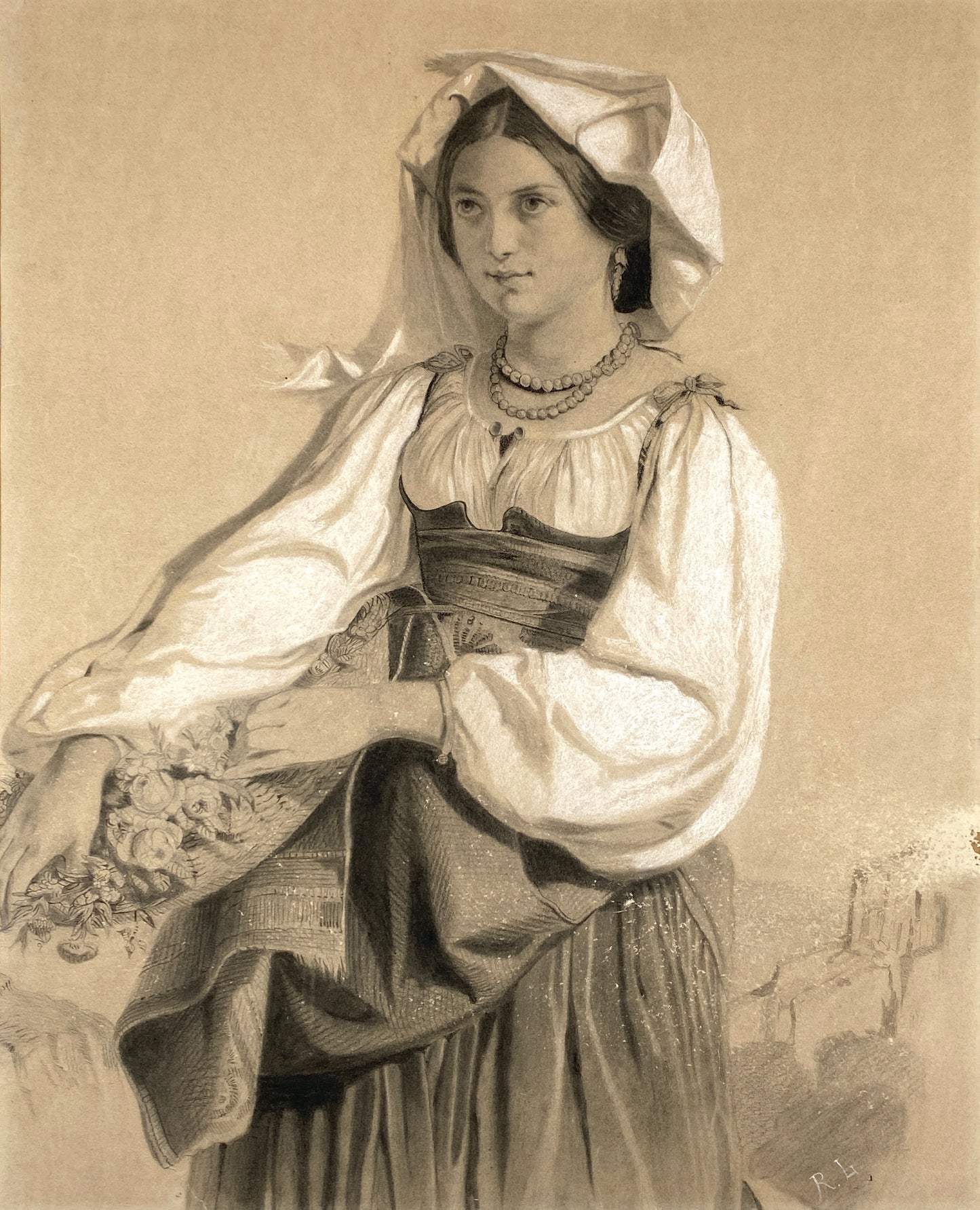 Antike Kreidezeichnung nach dem Gemälde von Félix-Joseph Barrias, monogrammiert
