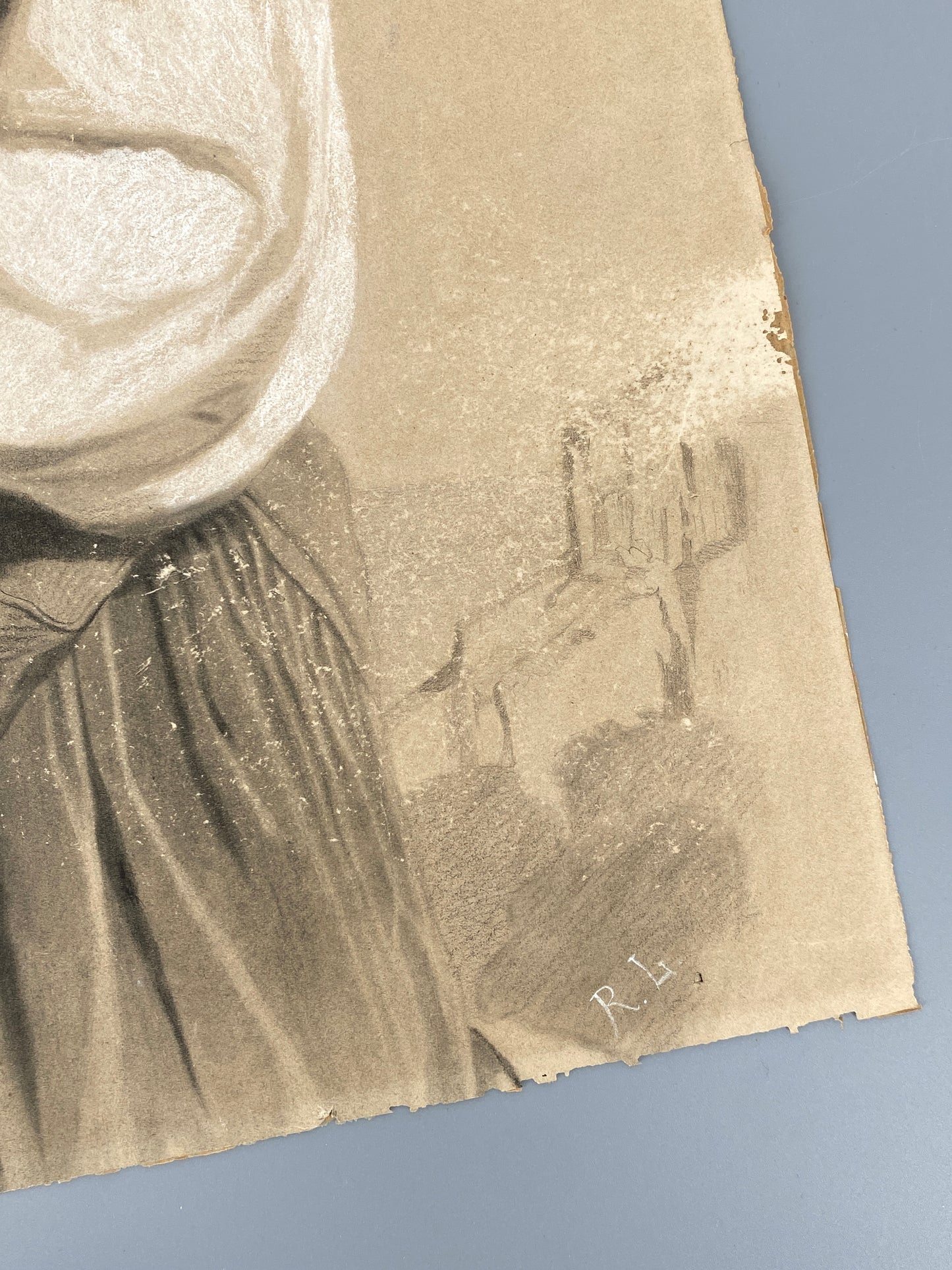 Antike Kreidezeichnung nach dem Gemälde von Félix-Joseph Barrias, monogrammiert