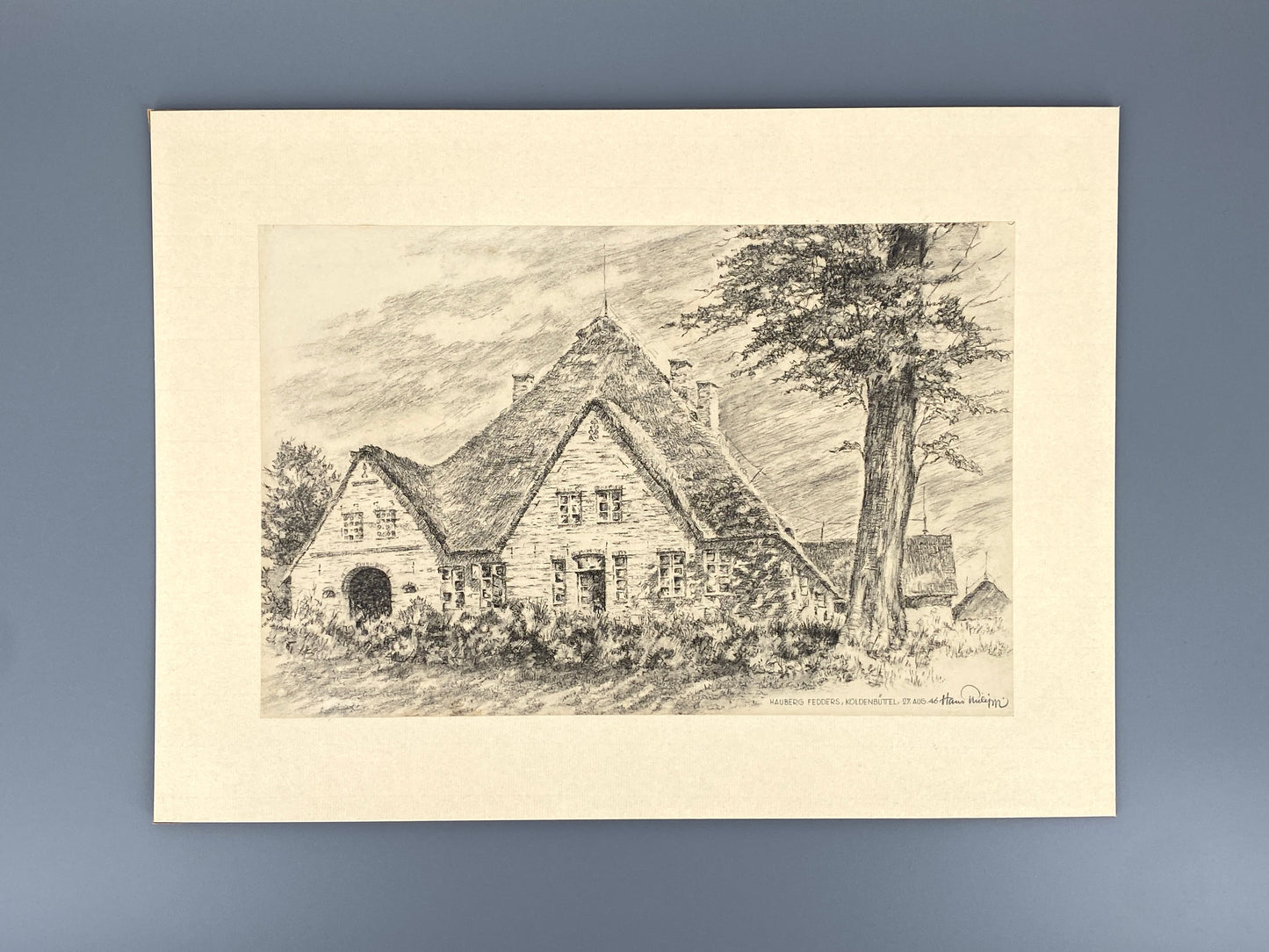Bleistiftzeichnung "Hauberg Fedders, Koldenbüttel" von Hans Philippi, 1946
