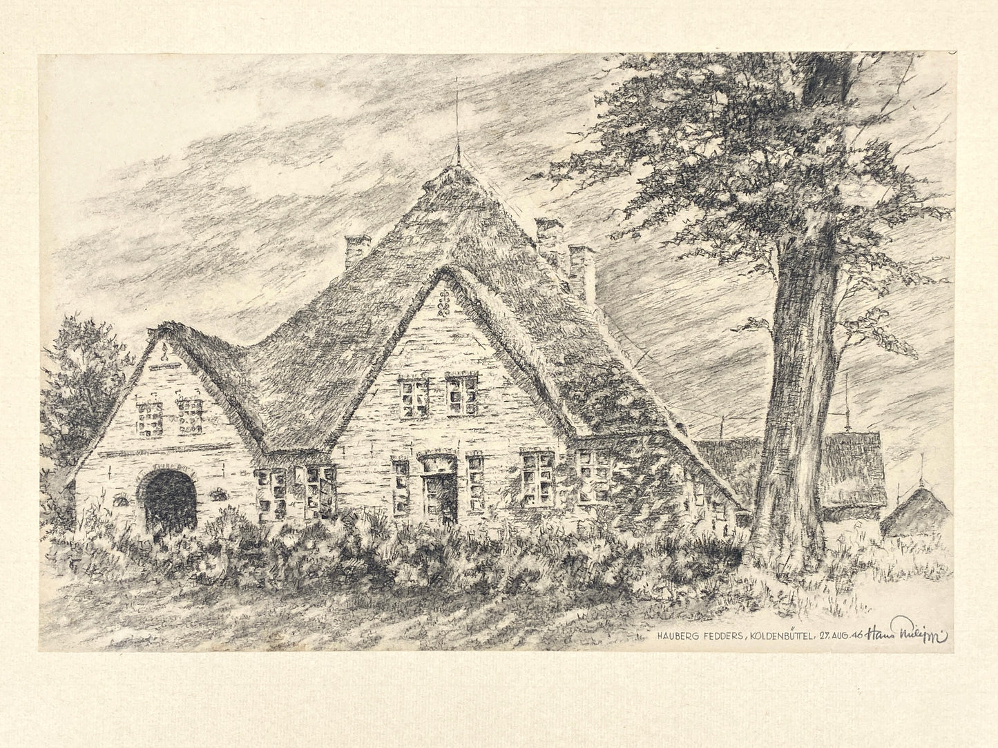 Bleistiftzeichnung "Hauberg Fedders, Koldenbüttel" von Hans Philippi, 1946