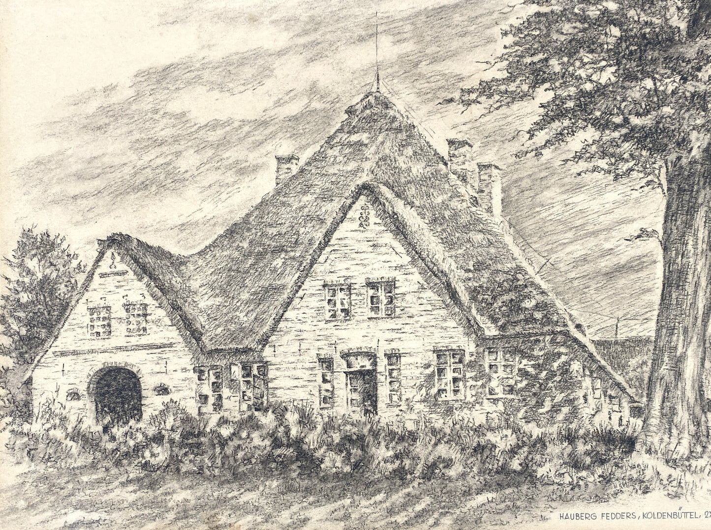 Bleistiftzeichnung "Hauberg Fedders, Koldenbüttel" von Hans Philippi, 1946
