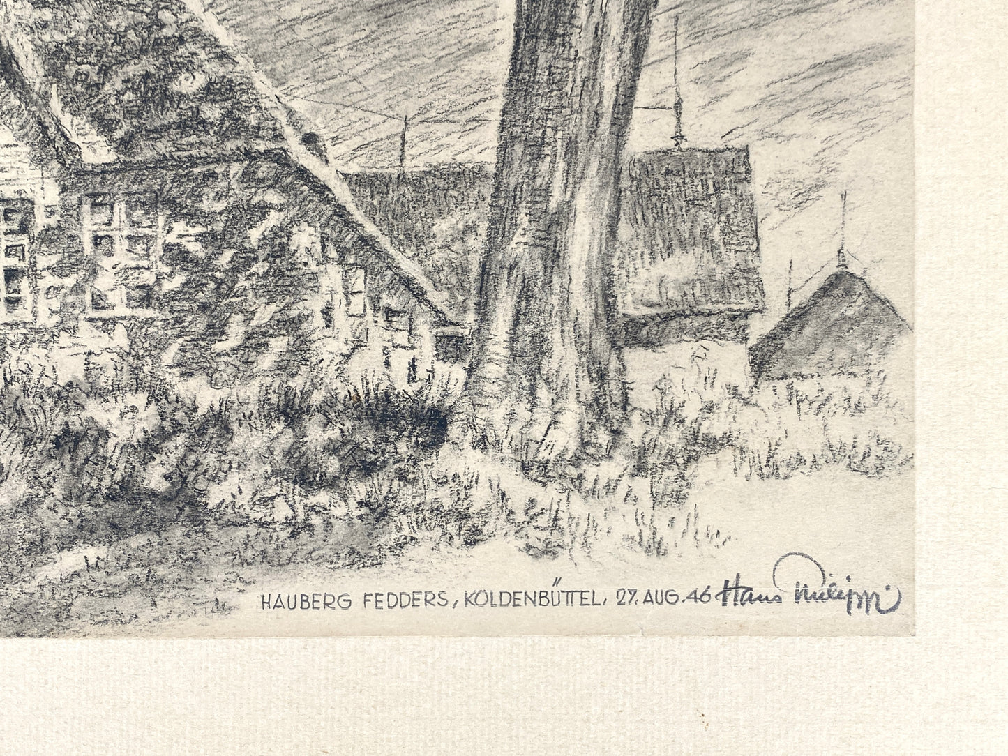 Bleistiftzeichnung "Hauberg Fedders, Koldenbüttel" von Hans Philippi, 1946