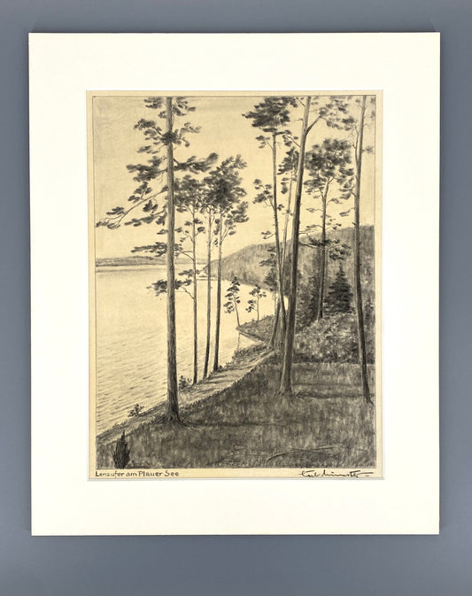 Signierte Kohlezeichnung "Lenzufer am Plauer See" von Carl Münster in Passepartout