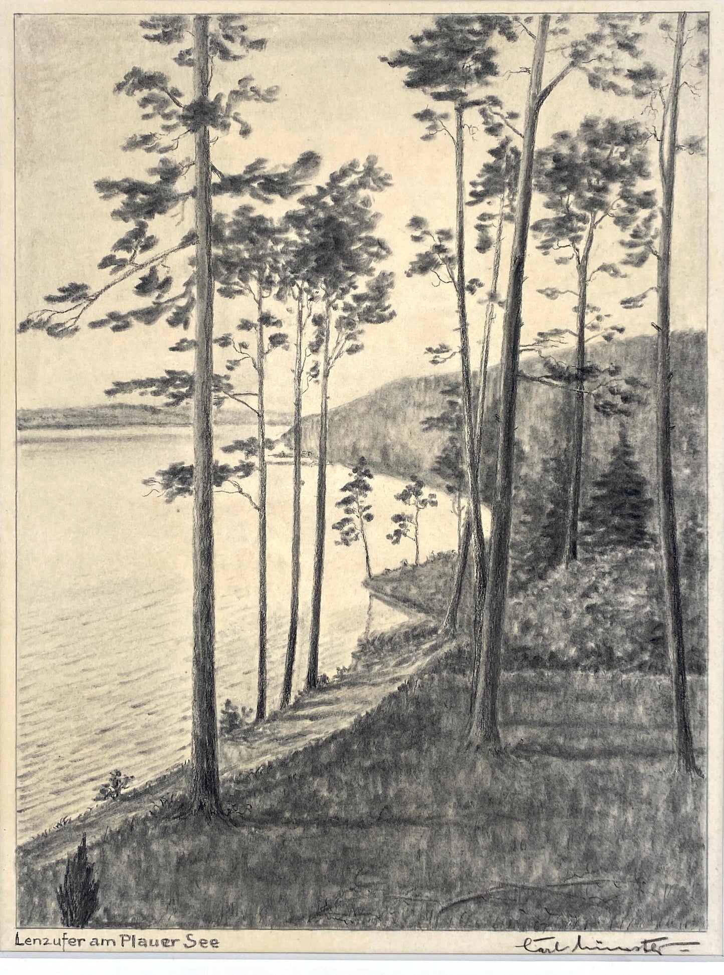 Signierte Kohlezeichnung "Lenzufer am Plauer See" von Carl Münster in Passepartout