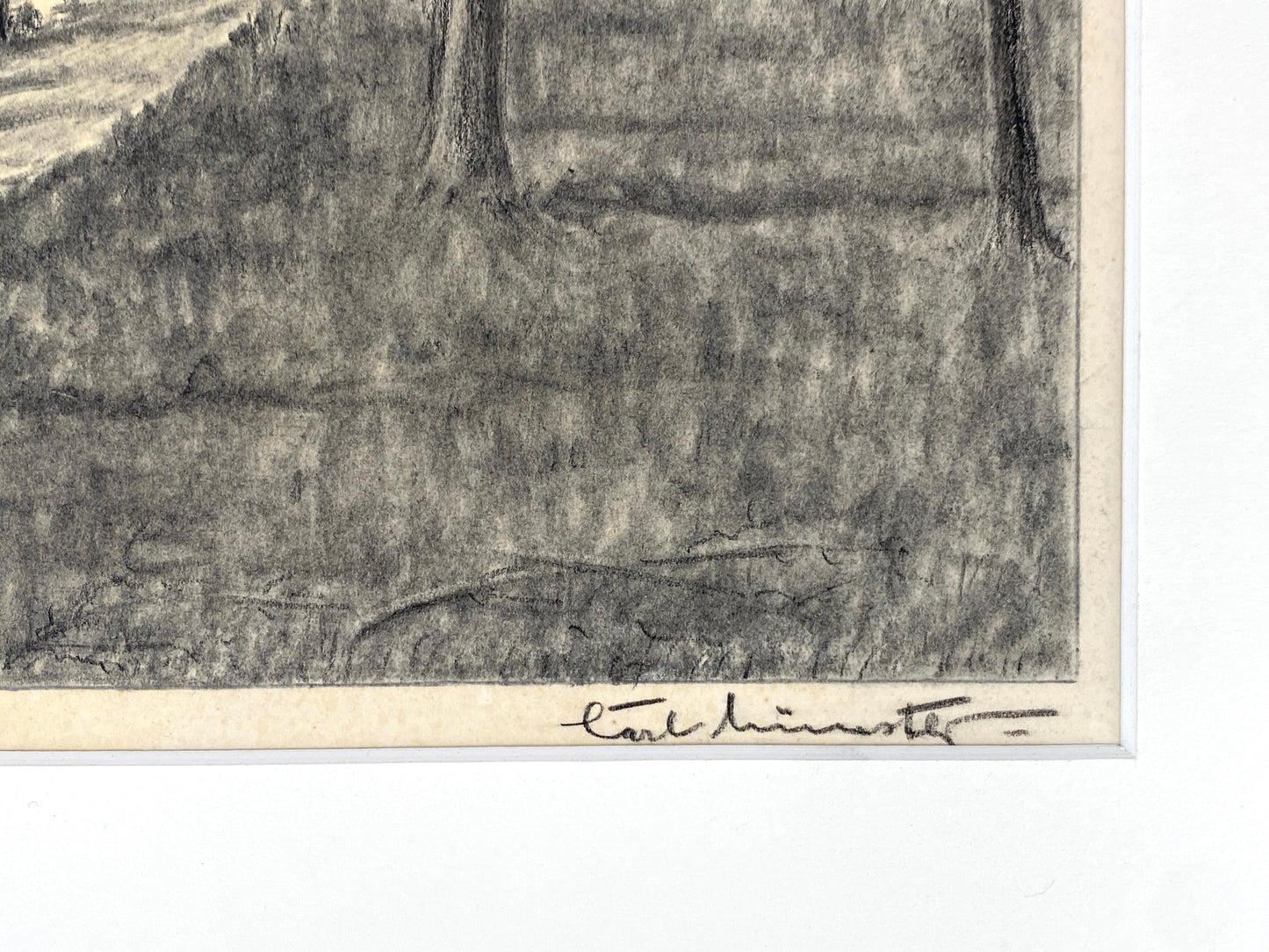 Signierte Kohlezeichnung "Lenzufer am Plauer See" von Carl Münster in Passepartout