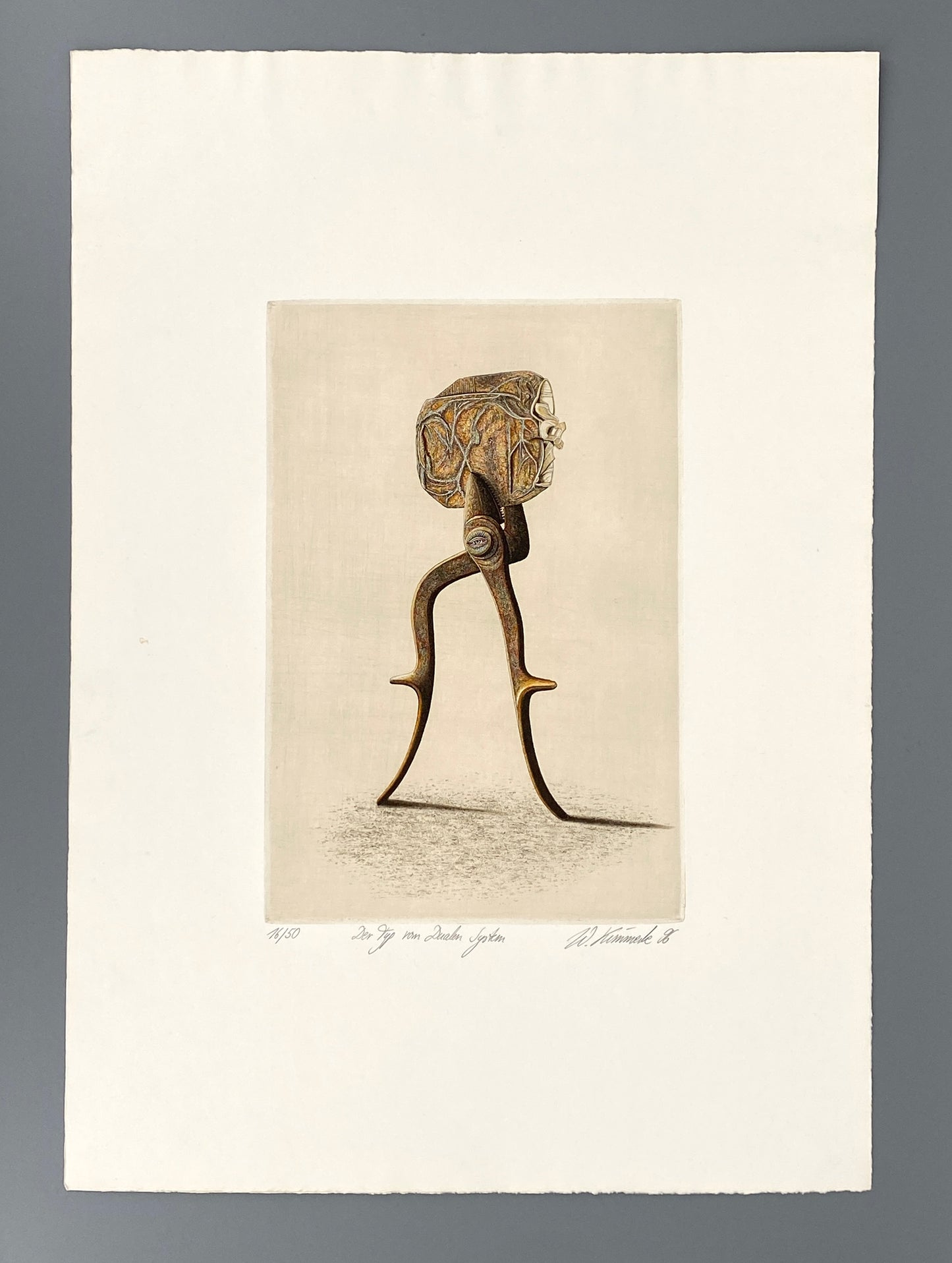 Signierte, surrelaistische Radierung "Der Typ vom Dualen System" von Werner Kimmerle, 1996