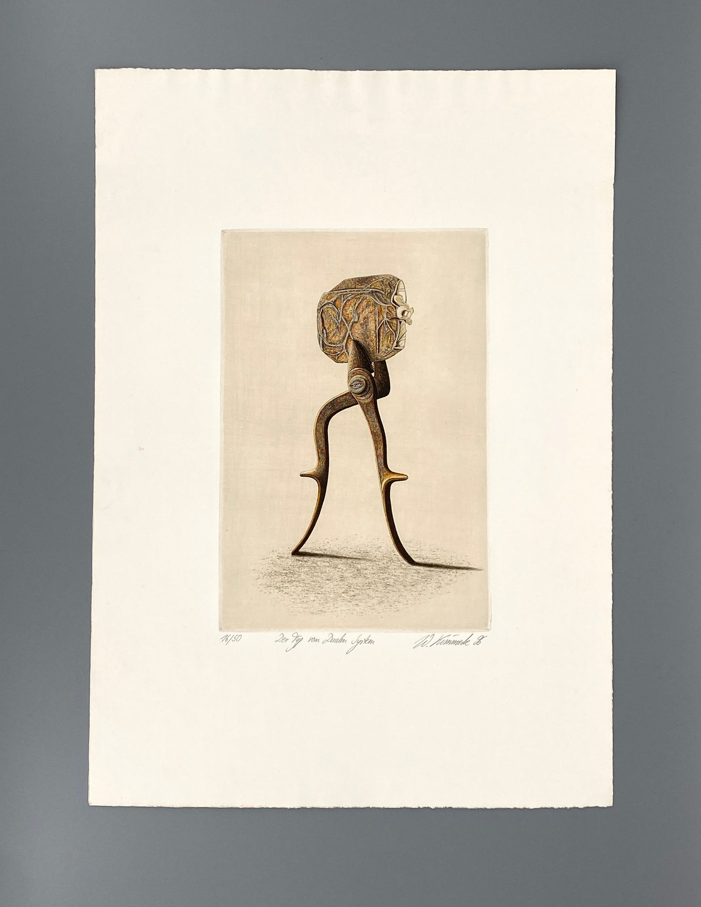 Signierte, surrelaistische Radierung "Der Typ vom Dualen System" von Werner Kimmerle, 1996