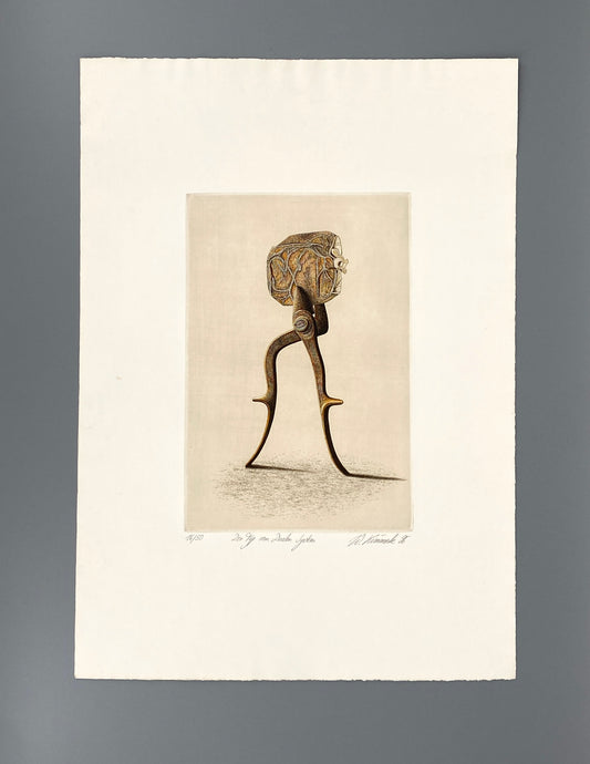 Signierte, surrelaistische Radierung "Der Typ vom Dualen System" von Werner Kimmerle, 1996