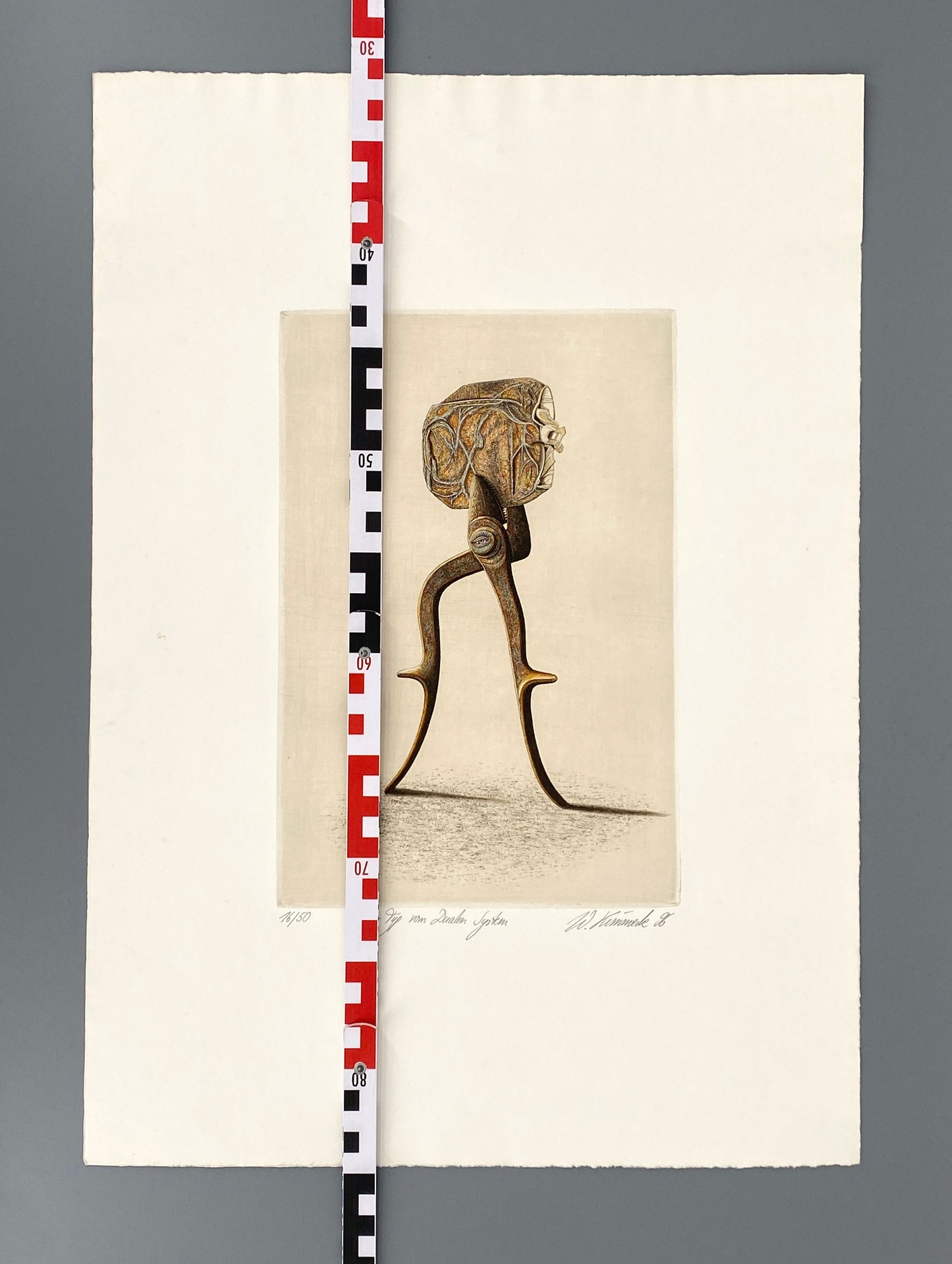 Signierte, surrelaistische Radierung "Der Typ vom Dualen System" von Werner Kimmerle, 1996