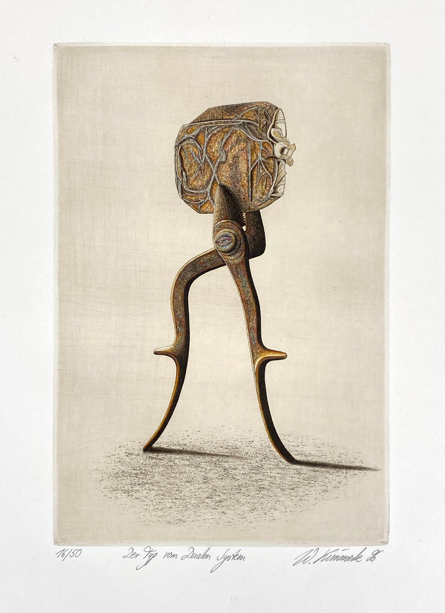 Signierte, surrelaistische Radierung "Der Typ vom Dualen System" von Werner Kimmerle, 1996