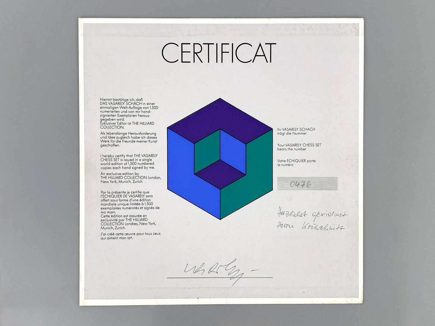 Vasarely Schachbrett mit Zertifikat und Sockel aus Plexiglas, Nr. 476 von 1500