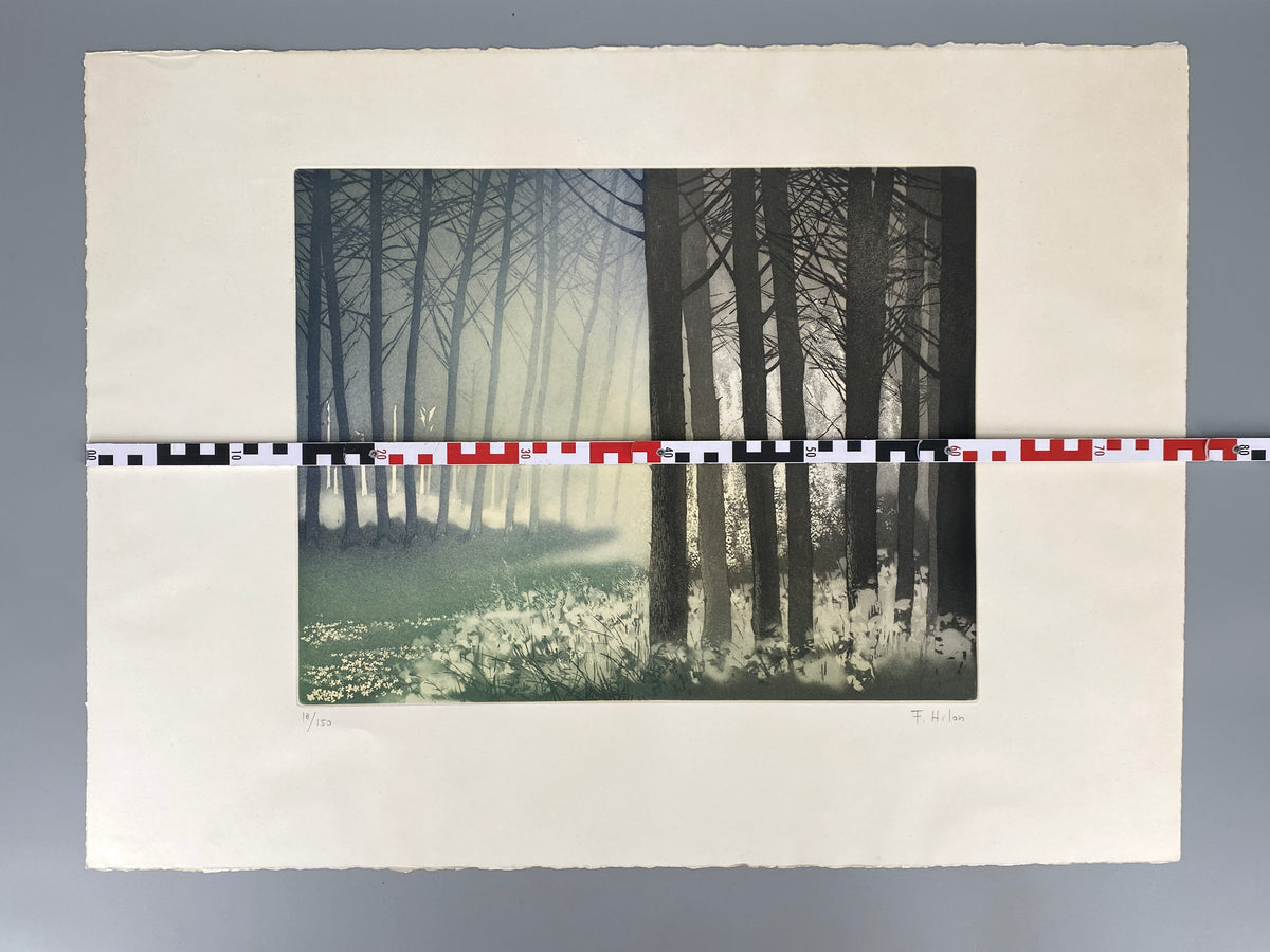 Zarte Aquatinta-Radierung "Allée dans la forét" von France Hilon (alias André Bongibault, geb. 1942/1945), handsigniert