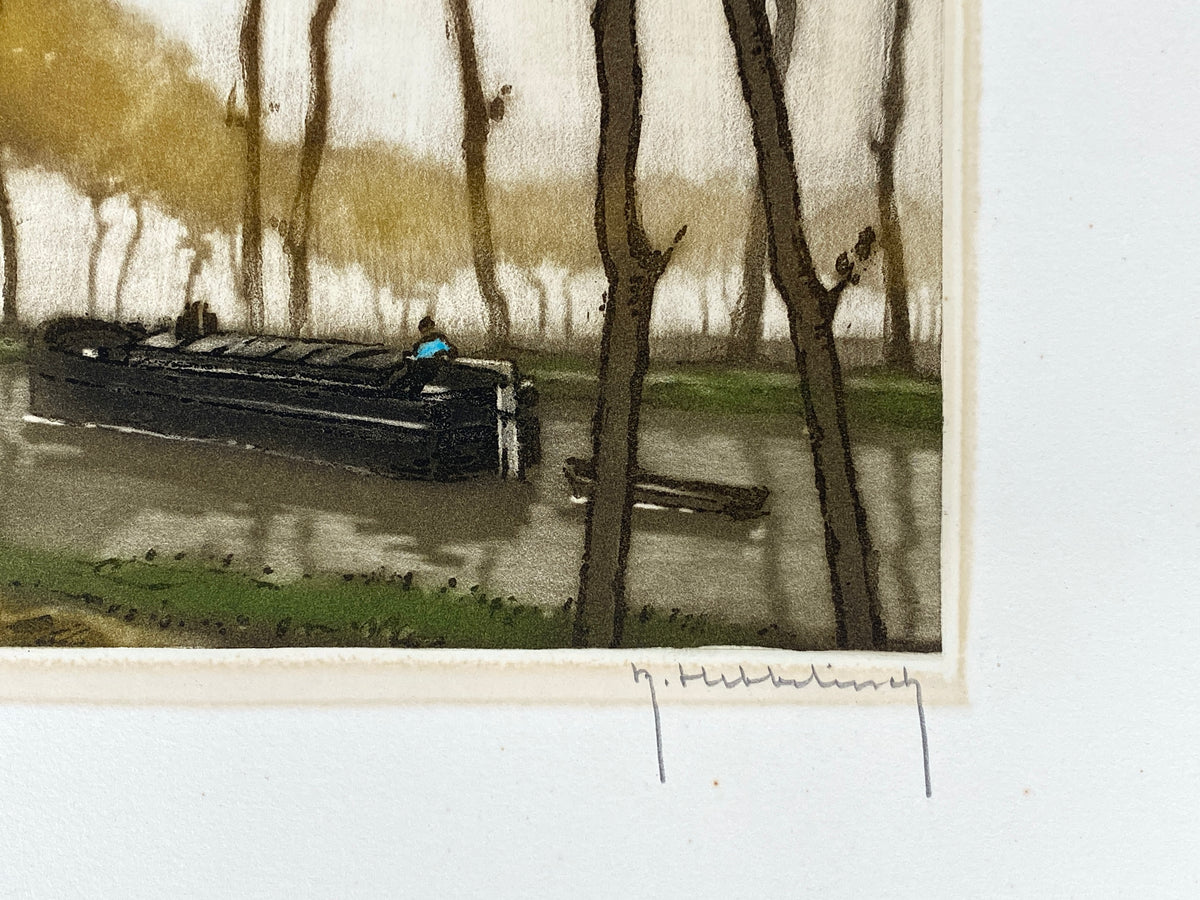 Aquatinta-Farbradierung "Calme du matin" von Robert Hebbelinck (geb. 1912), handsigniert und nummeriert