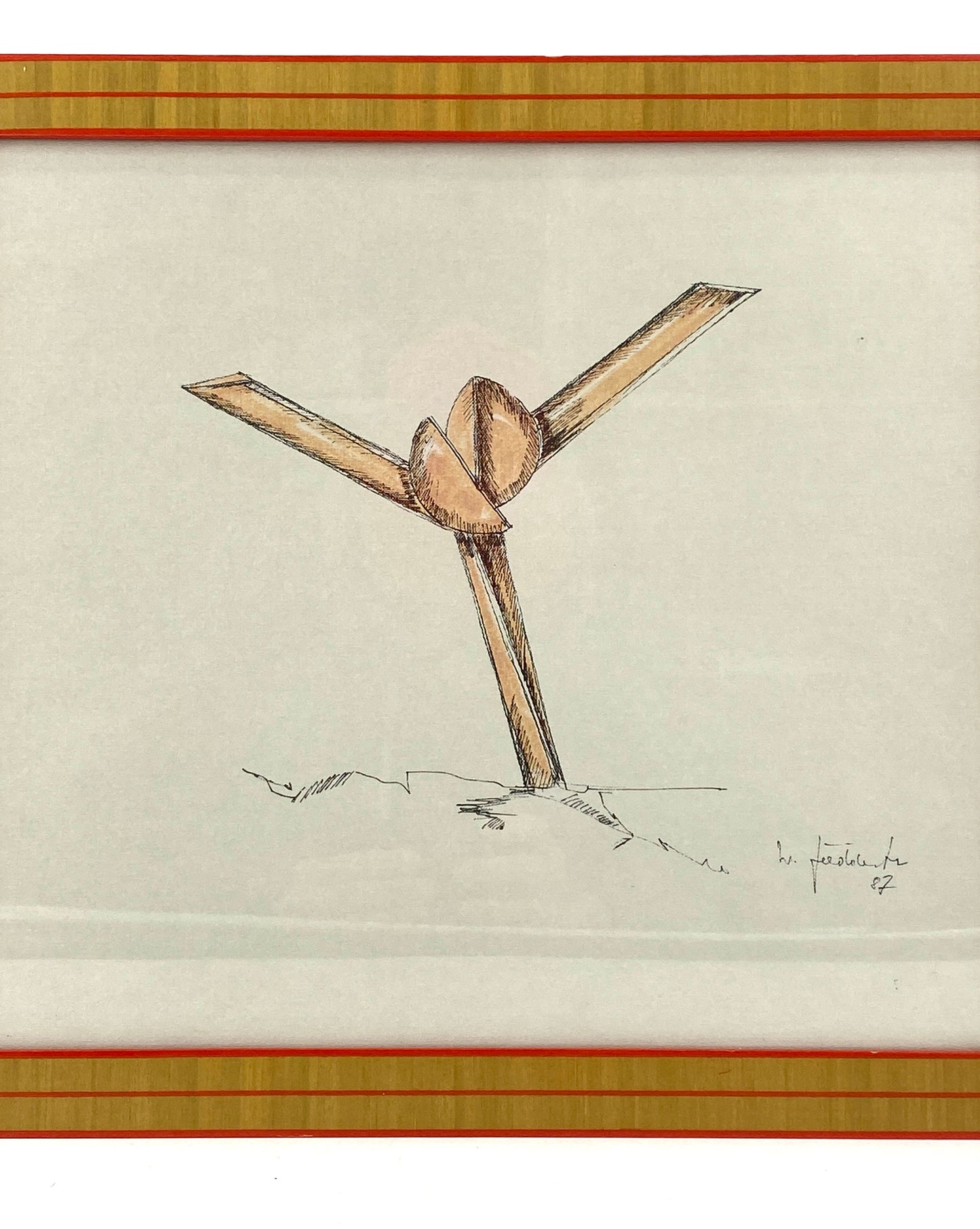 Gerahmte Tuschezeichnung von einer Skulptur, signiert, aus dem Jahr 1987
