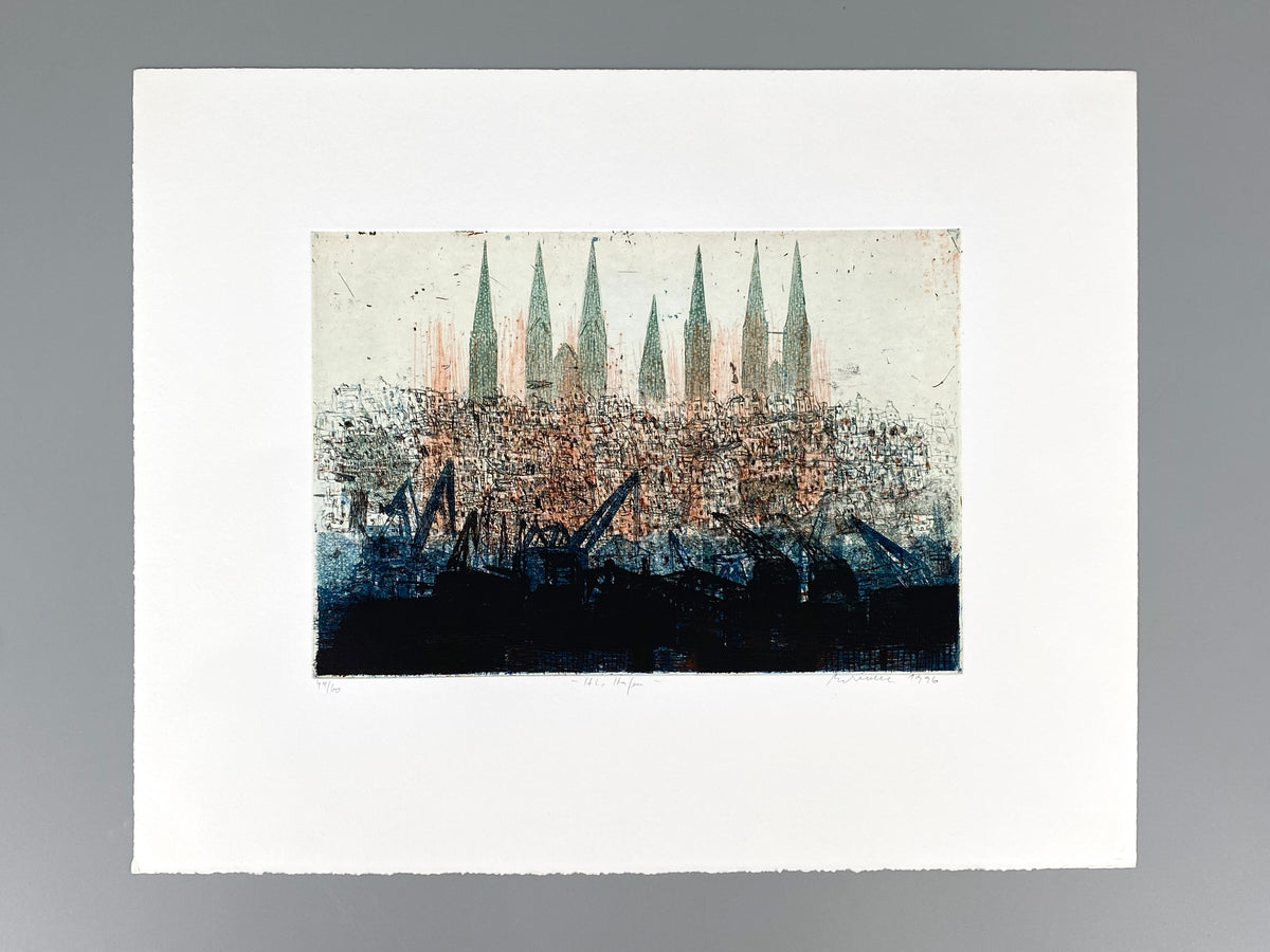 Spektakuläre Farbradierung "Lübecker Hafen" von Falko Behrendt (geb. 1951), 1996
