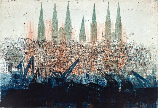 Spektakuläre Farbradierung "Lübecker Hafen" von Falko Behrendt (geb. 1951), 1996