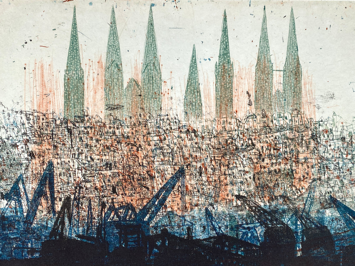 Spektakuläre Farbradierung "Lübecker Hafen" von Falko Behrendt (geb. 1951), 1996