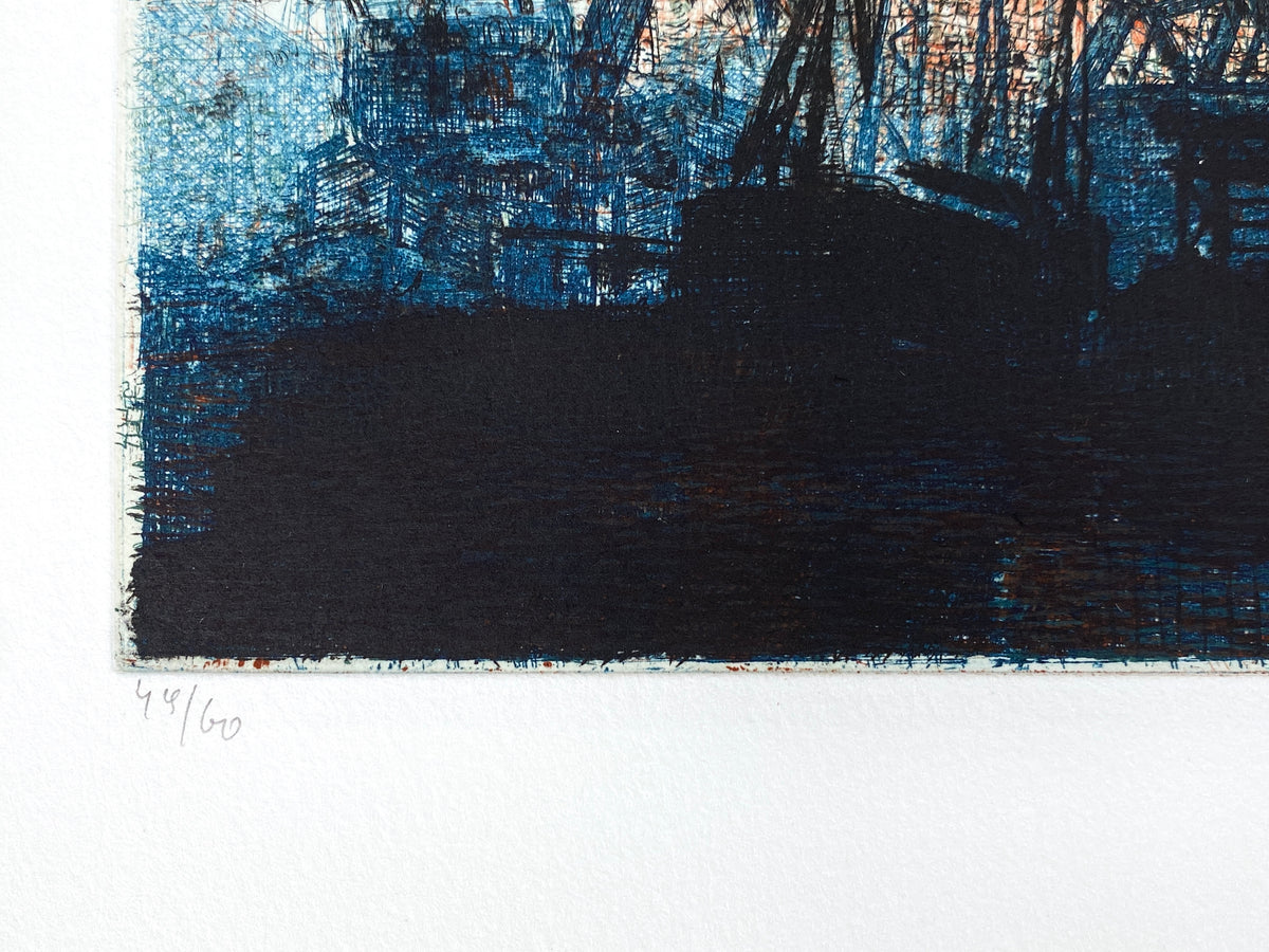 Spektakuläre Farbradierung "Lübecker Hafen" von Falko Behrendt (geb. 1951), 1996
