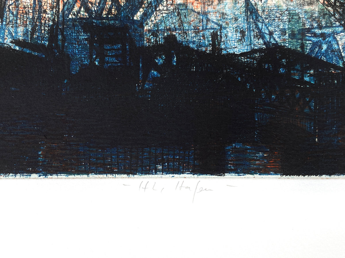Spektakuläre Farbradierung "Lübecker Hafen" von Falko Behrendt (geb. 1951), 1996