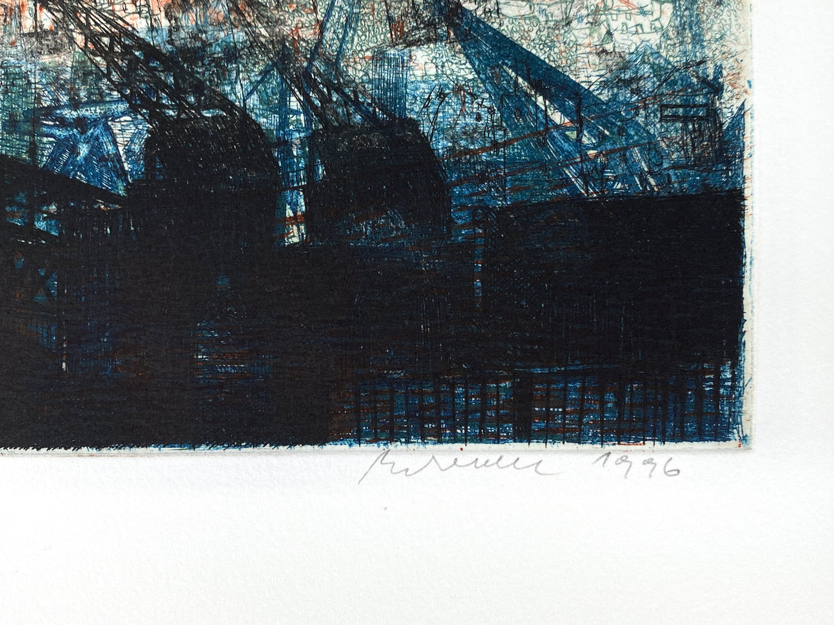 Spektakuläre Farbradierung "Lübecker Hafen" von Falko Behrendt (geb. 1951), 1996
