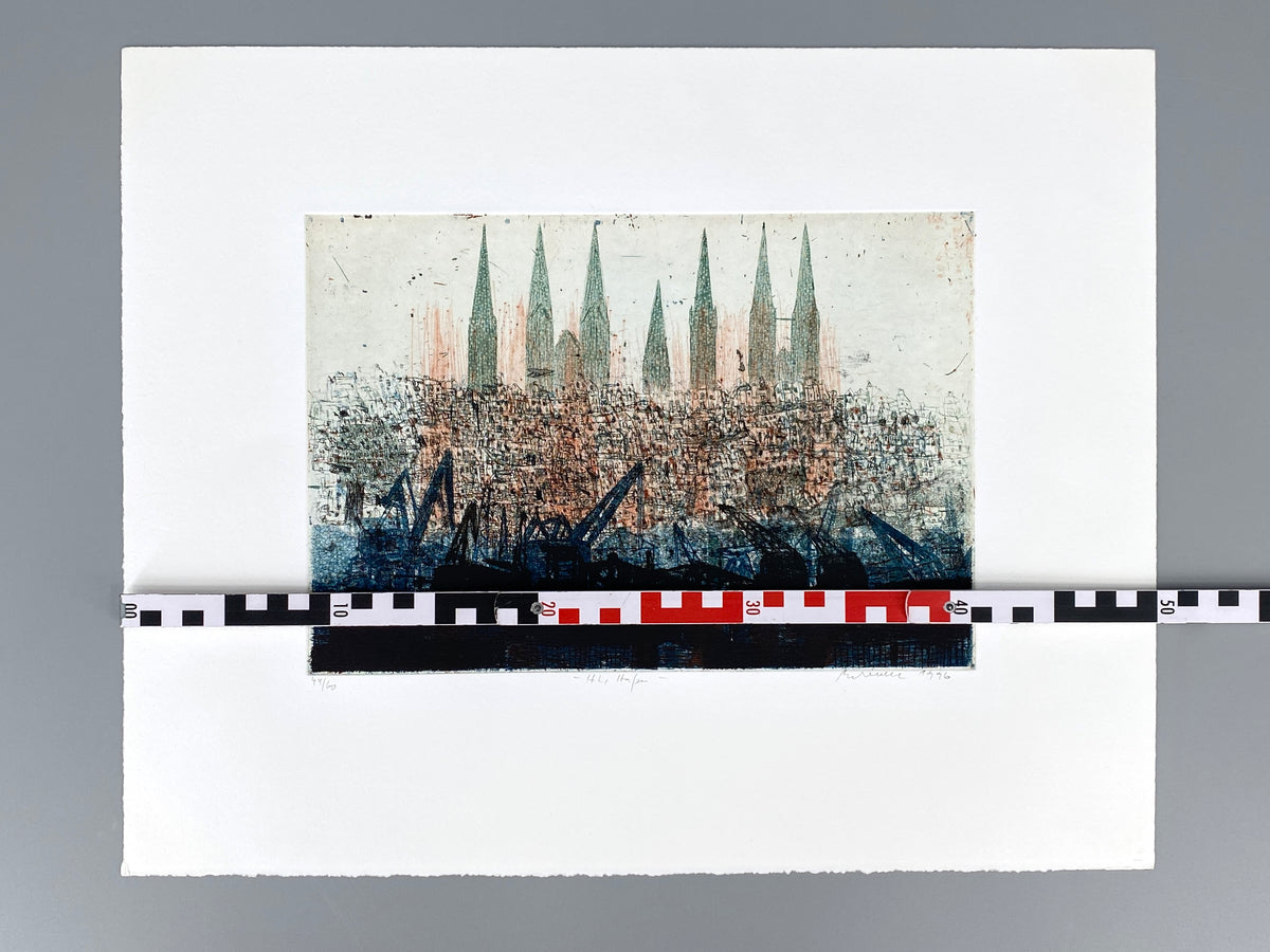 Spektakuläre Farbradierung "Lübecker Hafen" von Falko Behrendt (geb. 1951), 1996