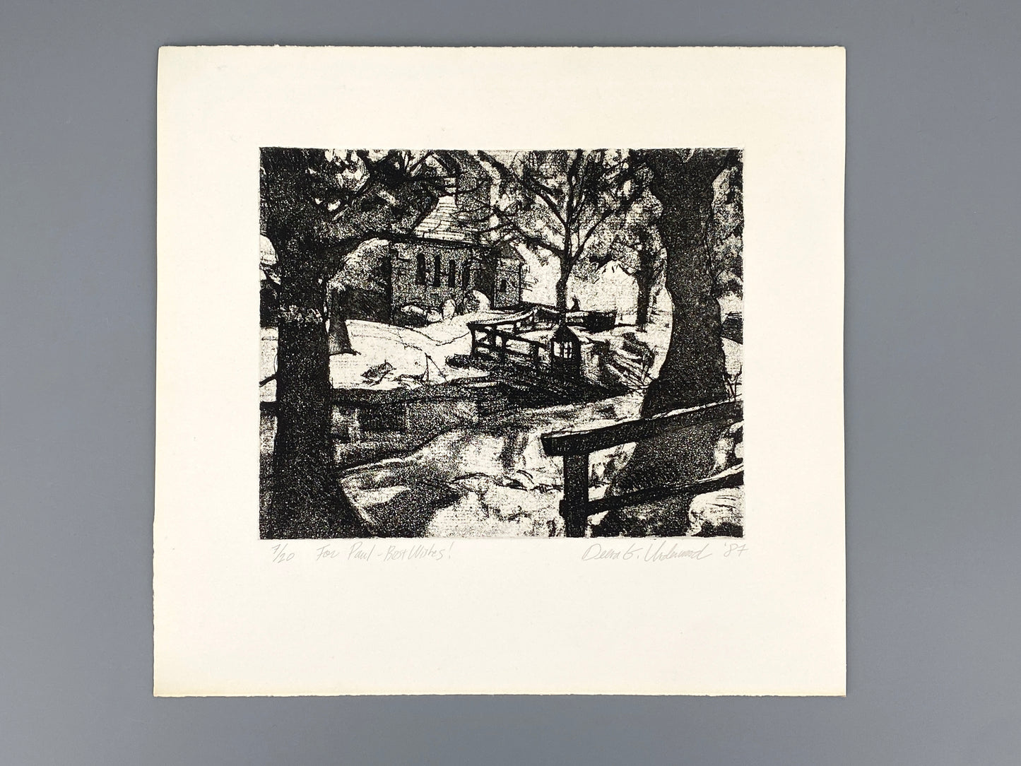 Signierte und nummerierte Aquatintaradierung "Garten" von Deena Underwood mit Widmung, 1987