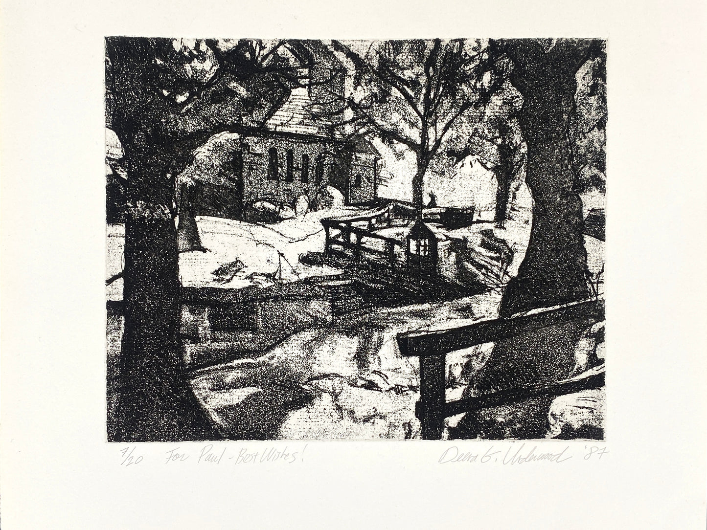 Signierte und nummerierte Aquatintaradierung "Garten" von Deena Underwood mit Widmung, 1987