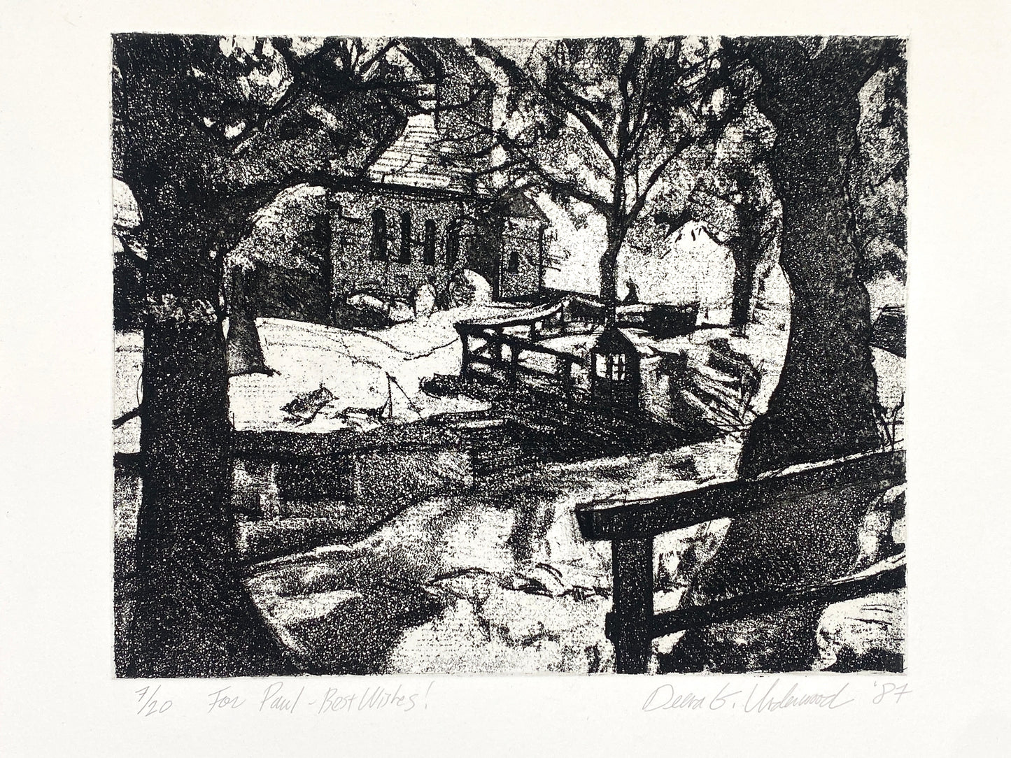 Signierte und nummerierte Aquatintaradierung "Garten" von Deena Underwood mit Widmung, 1987