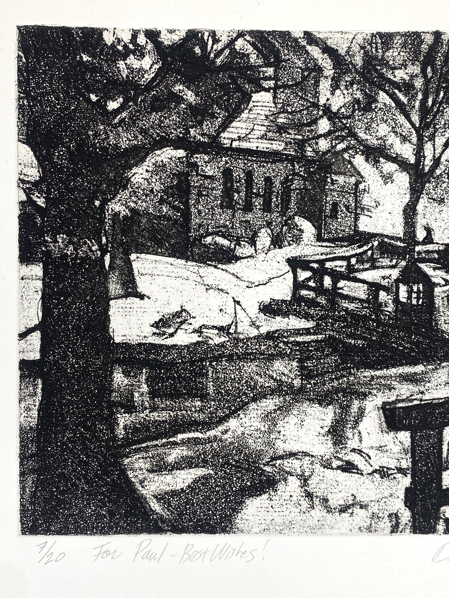 Signierte und nummerierte Aquatintaradierung "Garten" von Deena Underwood mit Widmung, 1987