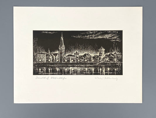 Signierter Holzschnitt "Düsseldorf Altstadtufer in der Nacht"
