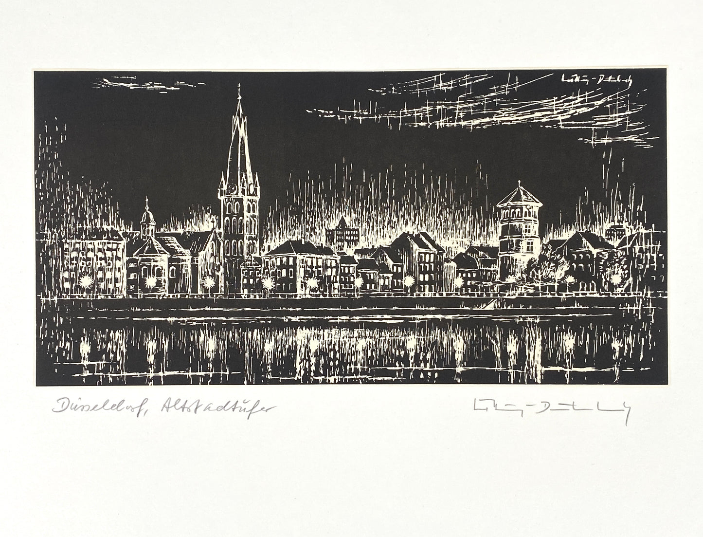 Signierter Holzschnitt "Düsseldorf Altstadtufer in der Nacht"
