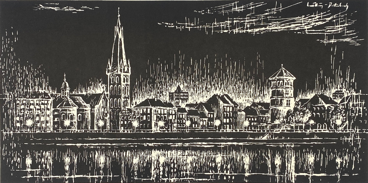 Signierter Holzschnitt "Düsseldorf Altstadtufer in der Nacht"