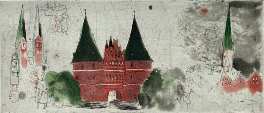 Farbradierung "Lübeck, Holstentor" von Falko Behrendt (geb. 1951), 2002