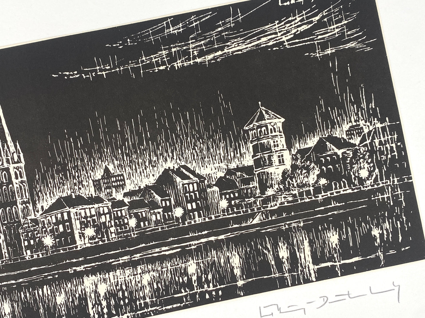Signierter Holzschnitt "Düsseldorf Altstadtufer in der Nacht"