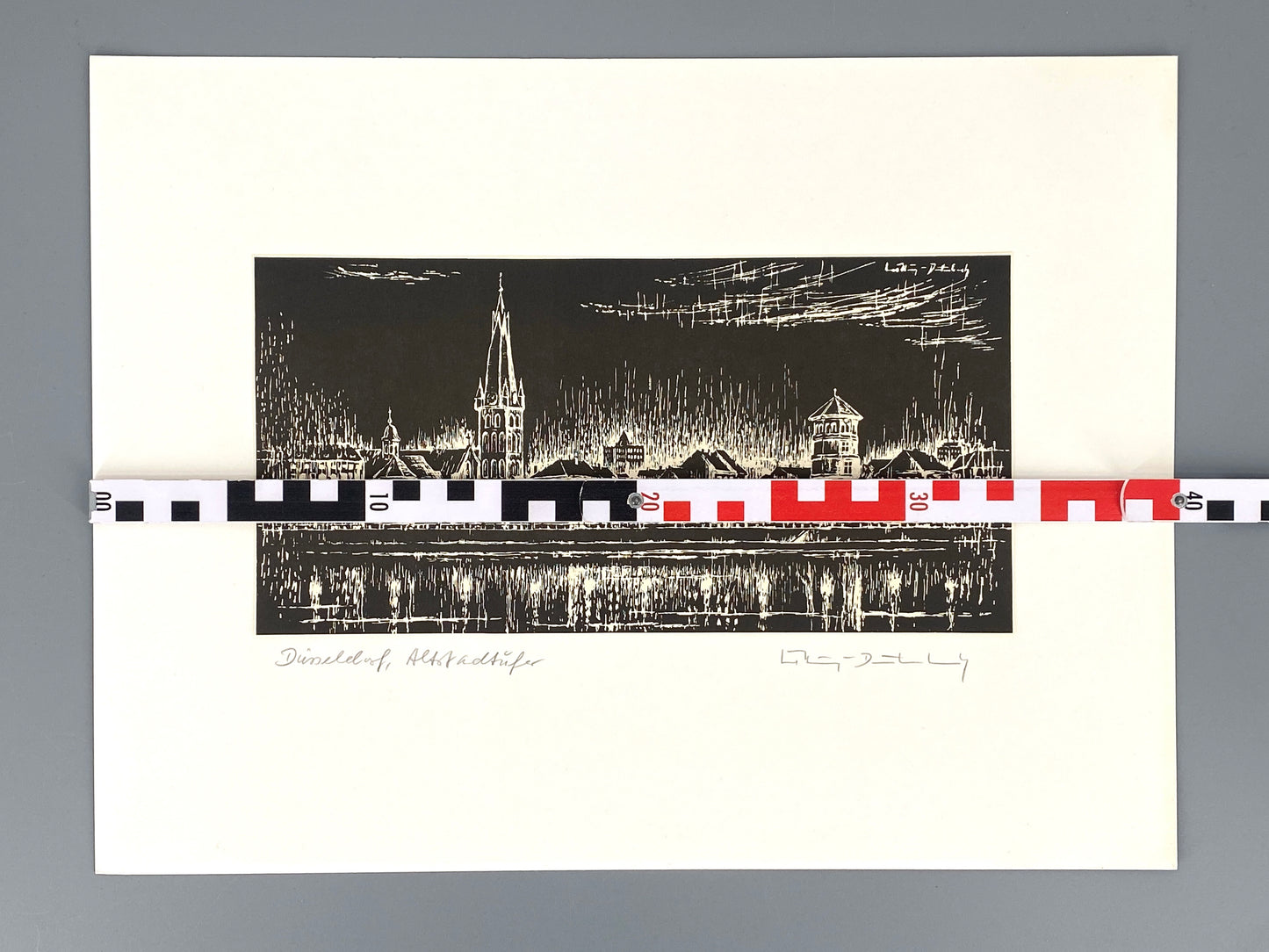 Signierter Holzschnitt "Düsseldorf Altstadtufer in der Nacht"