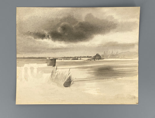 Zartes, monochromes Aquarell "See mit Segelboot"