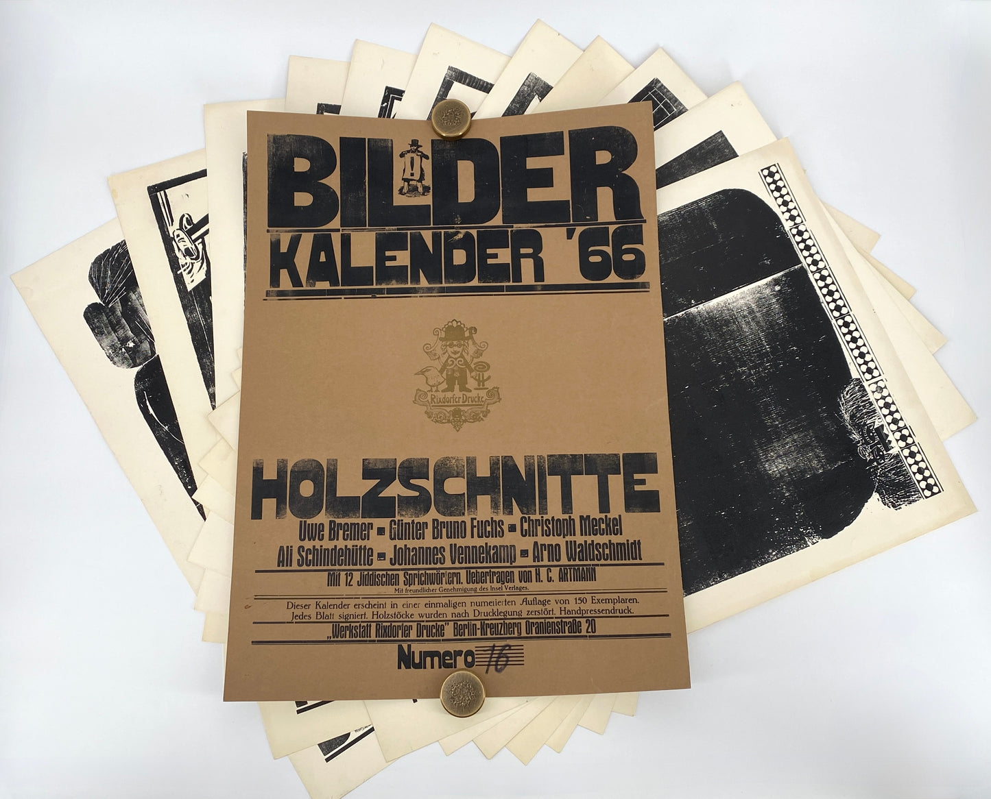 Signierte Holzschnittblätter des Bilderkalenders 1966 von Werkstatt Rixdorfer Drucke, Berlin