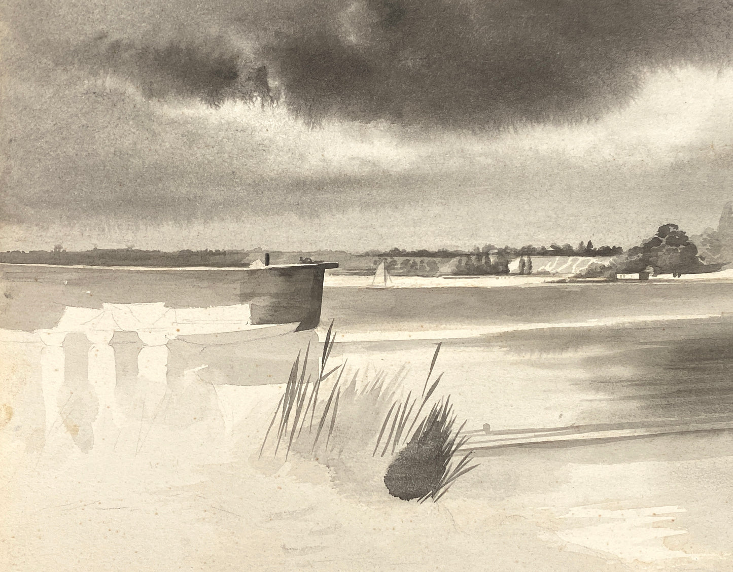Zartes, monochromes Aquarell "See mit Segelboot"