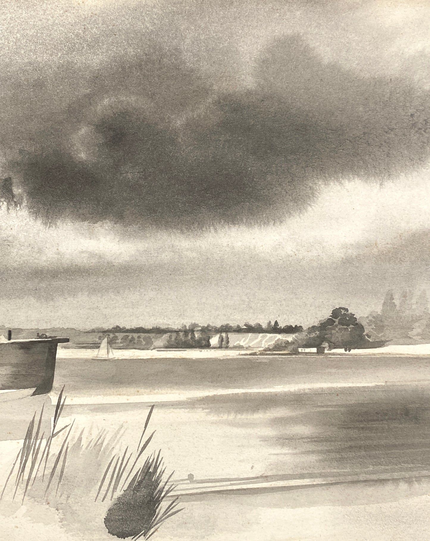 Zartes, monochromes Aquarell "See mit Segelboot"