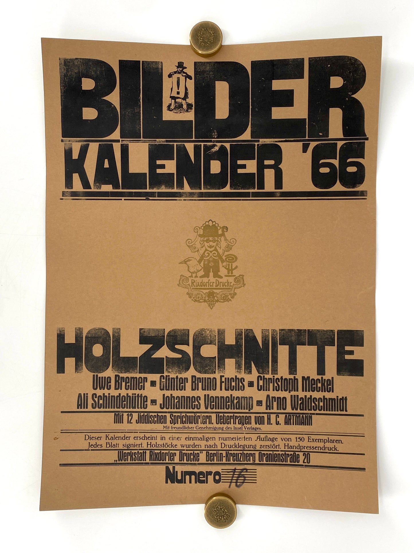 Signierte Holzschnittblätter des Bilderkalenders 1966 von Werkstatt Rixdorfer Drucke, Berlin