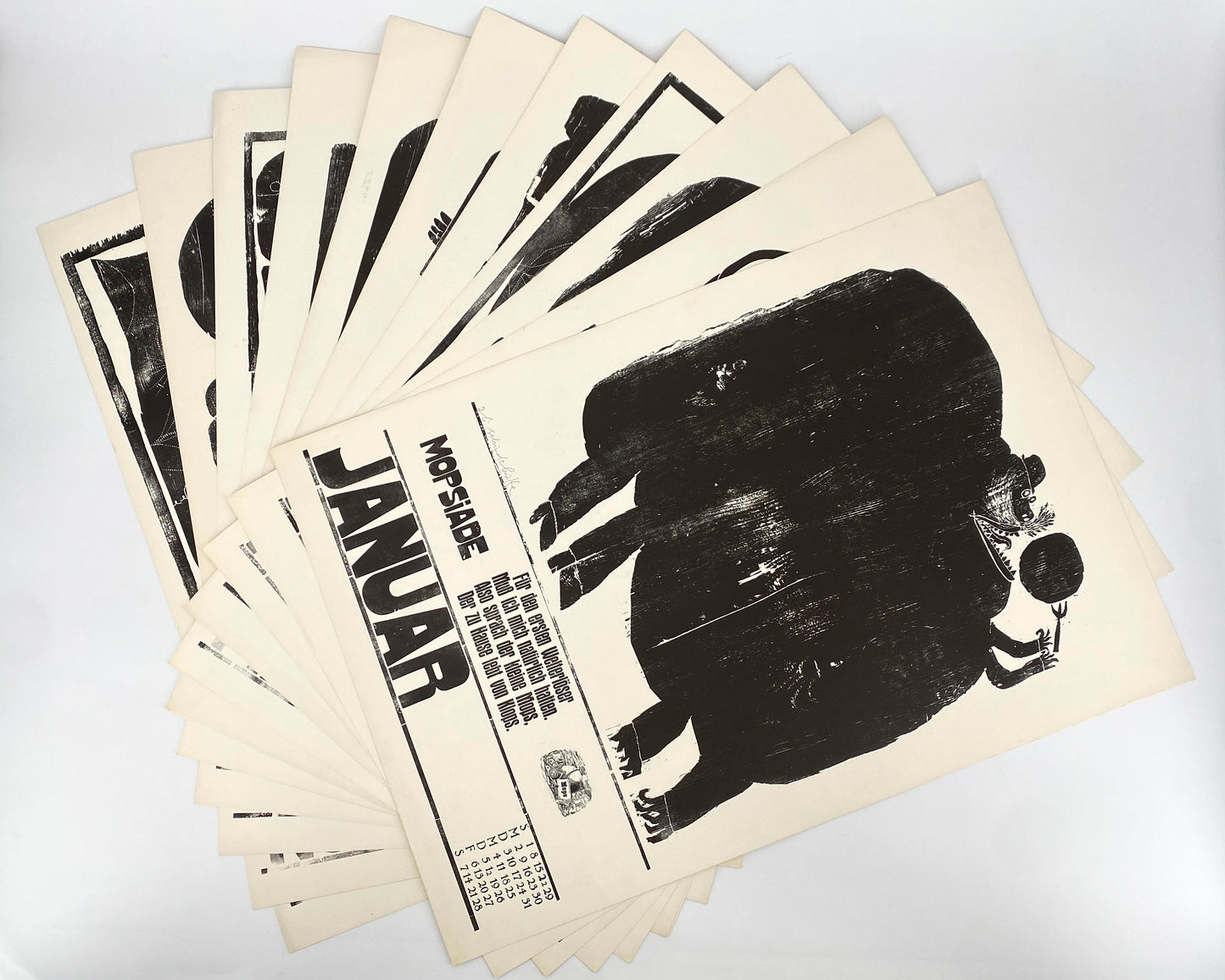 Signierte Holzschnittblätter des Bilderkalenders 1967 von Werkstatt Rixdorfer Drucke, Berlin