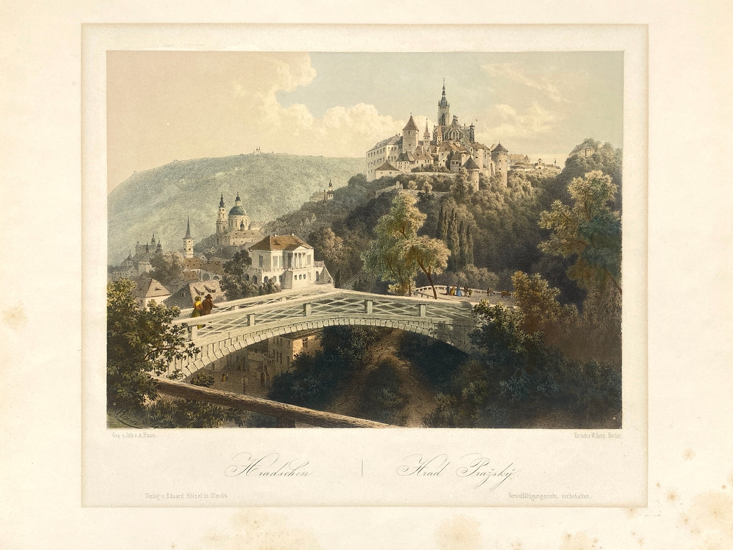 Antike, handkolorierte Lithografie "Prag, Hradschin" von August Carl Haun (1815–1894), 1850