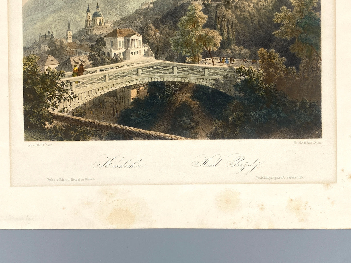 Antike, handkolorierte Lithografie "Prag, Hradschin" von August Carl Haun (1815–1894), 1850