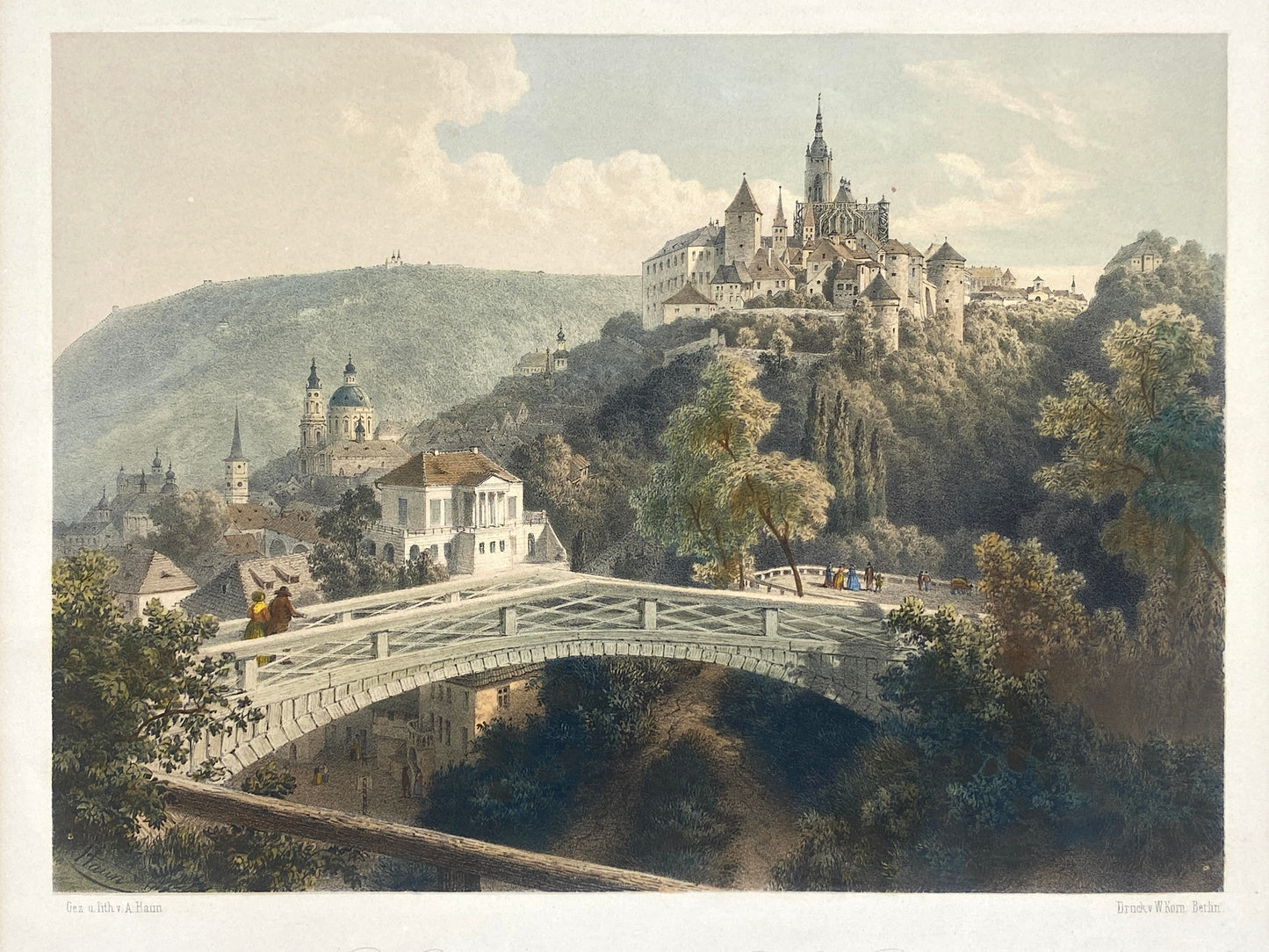 Antike, handkolorierte Lithografie "Prag, Hradschin" von August Carl Haun (1815–1894), 1850