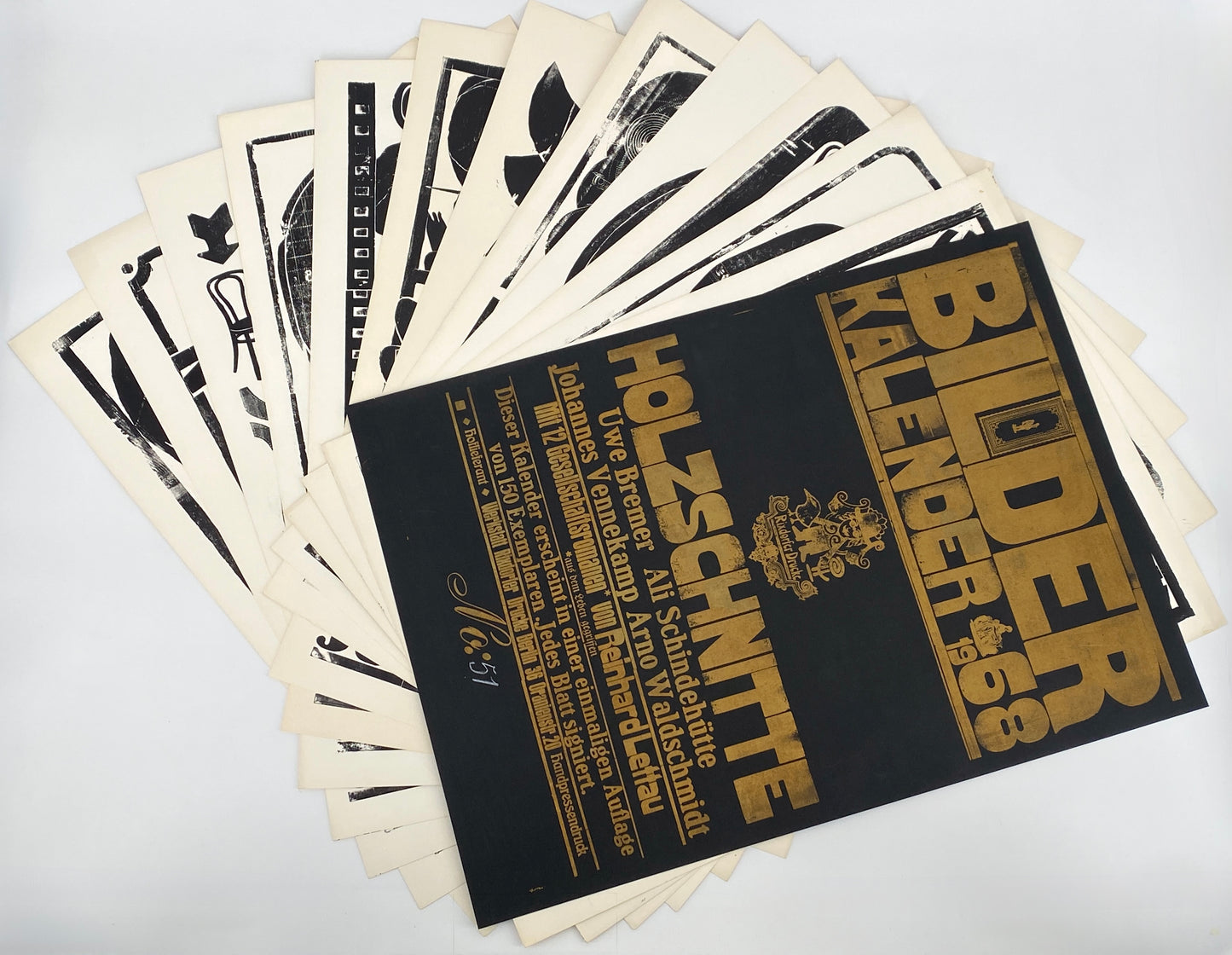 Signierte Holzschnittblätter des Bilderkalenders 1968 von Werkstatt Rixdorfer Drucke, im Stil der Pop Art