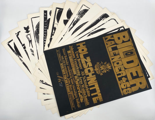 Signierte Holzschnittblätter des Bilderkalenders 1968 von Werkstatt Rixdorfer Drucke, im Stil der Pop Art