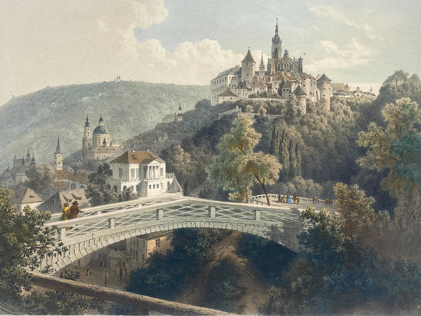 Antike, handkolorierte Lithografie "Prag, Hradschin" von August Carl Haun (1815–1894), 1850