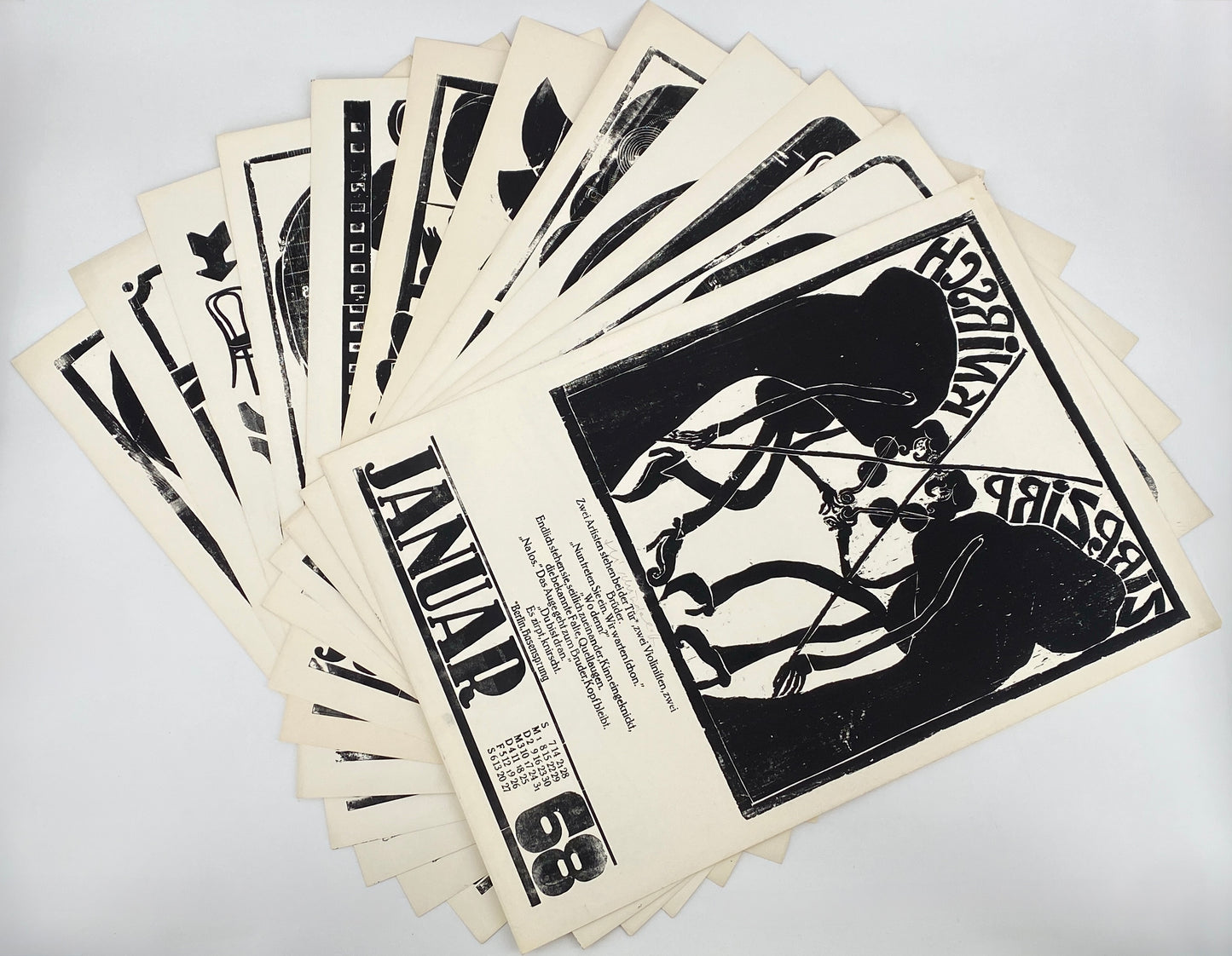 Signierte Holzschnittblätter des Bilderkalenders 1968 von Werkstatt Rixdorfer Drucke, im Stil der Pop Art