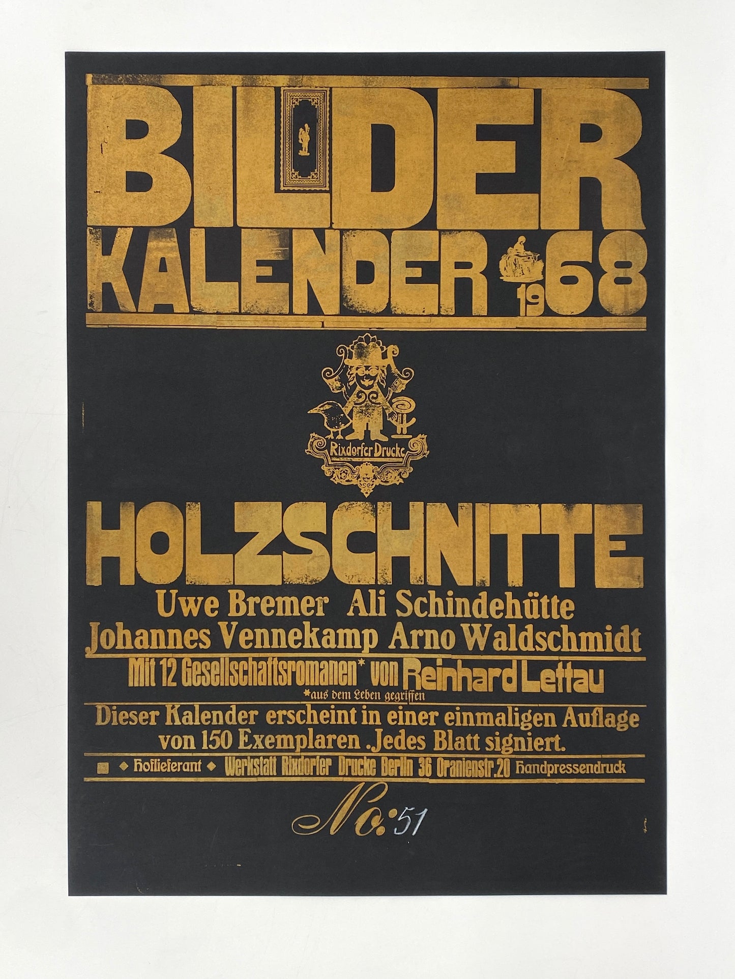 Signierte Holzschnittblätter des Bilderkalenders 1968 von Werkstatt Rixdorfer Drucke, im Stil der Pop Art