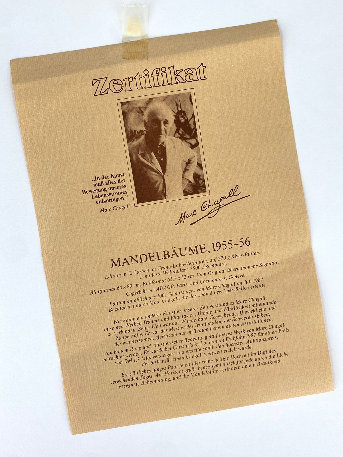 Hochwertiges, zertifiziertes Plakat mit dem Gemälde "Die Mandelbäume" von Marc Chagall, 1987